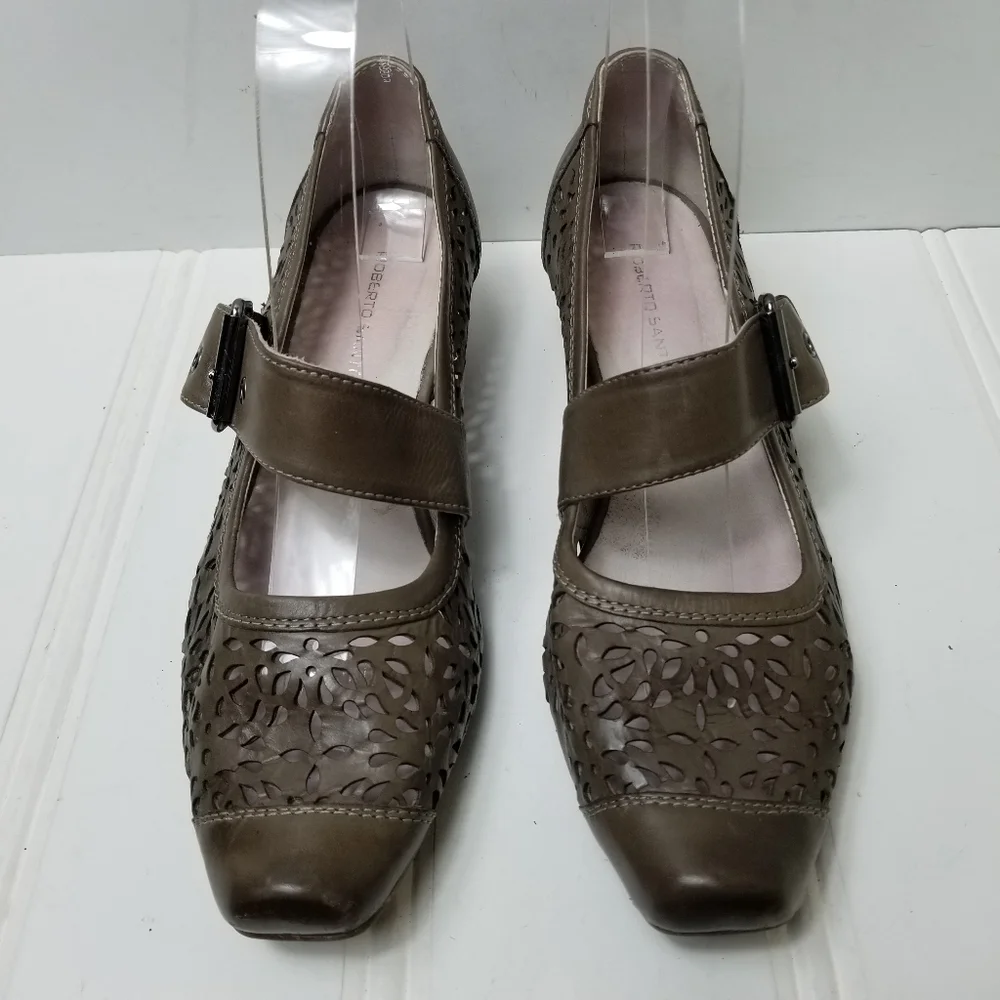 Roberto Santi Mary Jane Heels 38 8 Perforated Leather Square Toe Low Heel Shoes